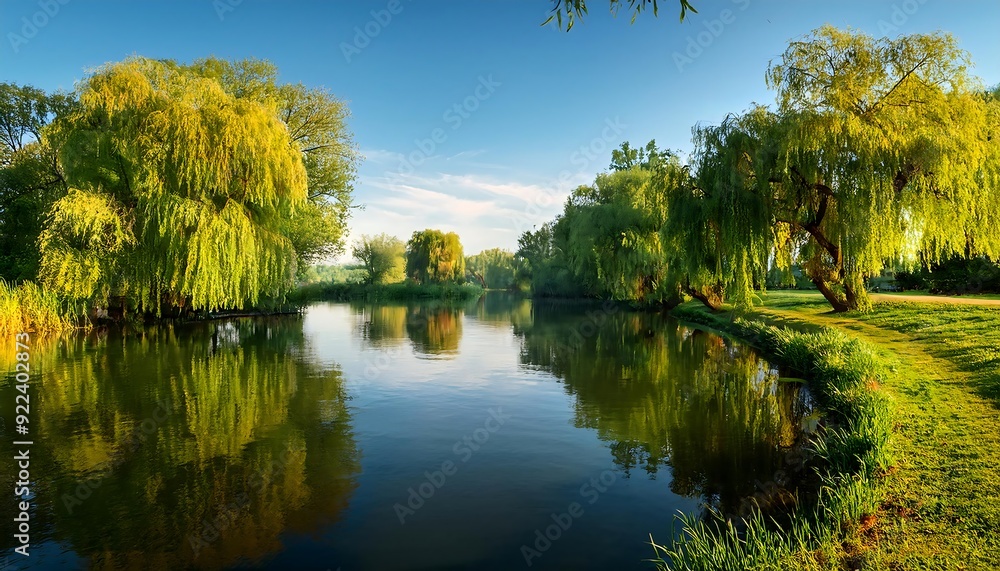 Fototapeta premium Serene park panorama with tranquil lake reflecting green trees and blue sky