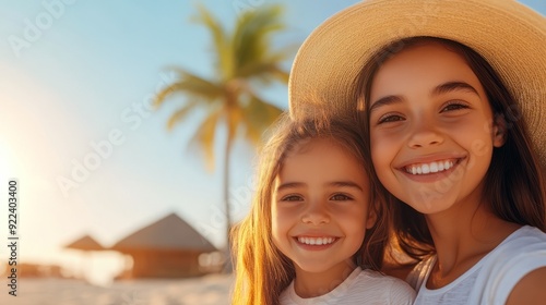 Wallpaper Mural Two smiling girls enjoying a sunny day at the beach with palm trees in the background, capturing joyful summer moments. Torontodigital.ca