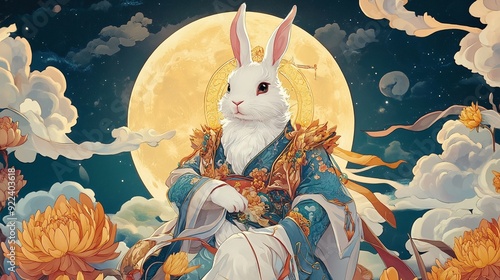 Chinese style cute divine god rabbit surrounded with halo. photo