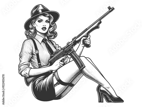 Woman with machine gun, exuding confidence, power, and old-school gangster style sketch engraving generative ai fictional character vector illustration. Scratch board imitation. Black and white image.