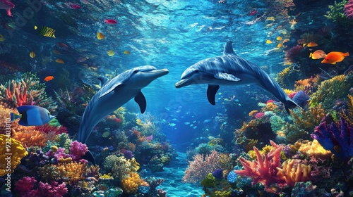 A pair of dolphins exploring a colorful coral reef, surrounded by a diverse array of fish and underwater vegetation.