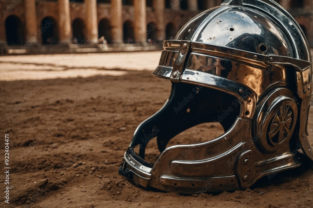 Chrome gladiator helmet on the dirt floor in the middle of the coliseum ...