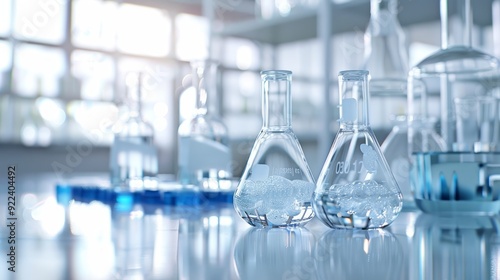 Laboratory glassware with samples on table indoors, space for text. Solution chemistry