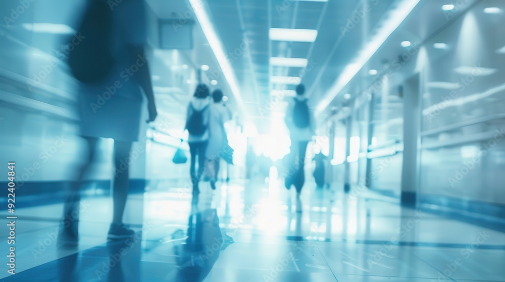 Hospital Corridor Scene, soft focus atmosphere, bustling with movement, cool white and blue tones, conveying a sense of urgency and healthcare activity, anonymity in the crowd Hospital Corridor Scene, soft focus atmosphere, bustling with movement, cool white and blue tones, conveying a sense of urgency and healthcare activity, anonymity in the crowd