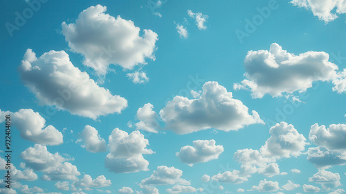 Serene Blue Sky with Fluffy Clouds, a calming and minimalistic backdrop featuring a soft blue expanse with scattered wispy clouds, perfect for diverse commercial applications.