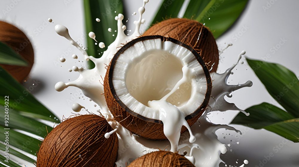 Coconut, water splash, tropical palm leaves, tropical drink, white background, Coconut milk splash with leaves isolated Coconut, water splash, tropical palm leaves, tropical drink, white background, Coconut milk splash with leaves isolated