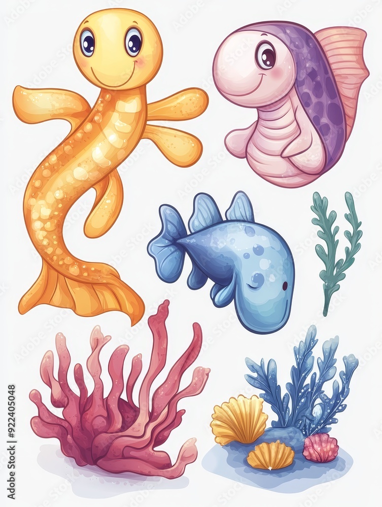 Obraz premium Cute Sea Creatures and Coral Reefs Illustration