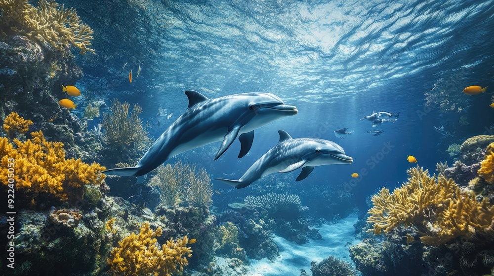 Obraz premium A serene underwater view of dolphins swimming around a coral reef, with fish and sea plants adding to the peaceful ambiance.