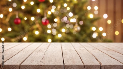 white The empty wooden table top with blur background of Christmas, sparkling pine tree