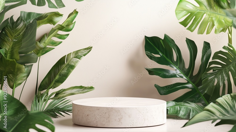 A round, white stone pedestal in the center, surrounded by lush, green tropical leaves on both sides. A round, white stone pedestal in the center, surrounded by lush, green tropical leaves on both sides.
