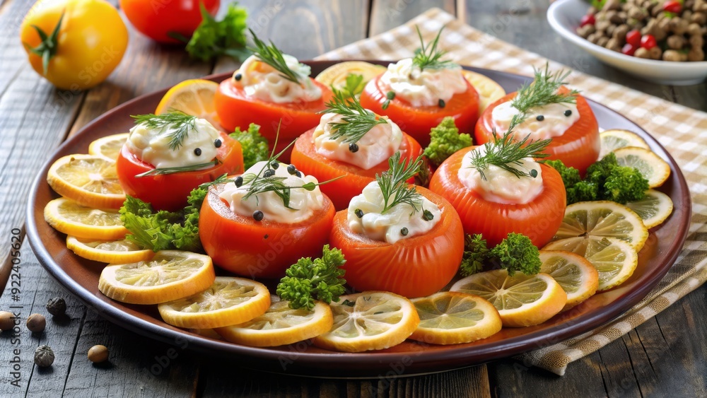 Fresh smoked salmon and cream cheese fill vibrant tomatoes, garnished with dill, chives, and capers, served on a platter with crunchy crackers and zesty lemon wedges. Fresh smoked salmon and cream cheese fill vibrant tomatoes, garnished with dill, chives, and capers, served on a platter with crunchy crackers and zesty lemon wedges.