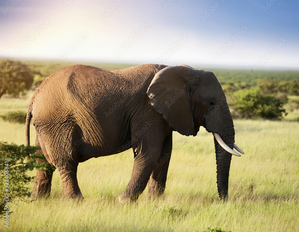 Obraz premium African elephant grazing in grass lawn in natural park