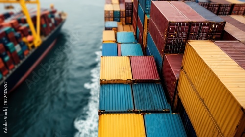 Up-close image of vibrant, color-coded shipping containers stacked on a cargo vessel traveling through the ocean, embodying the essence of modern global trade and logistics. photo