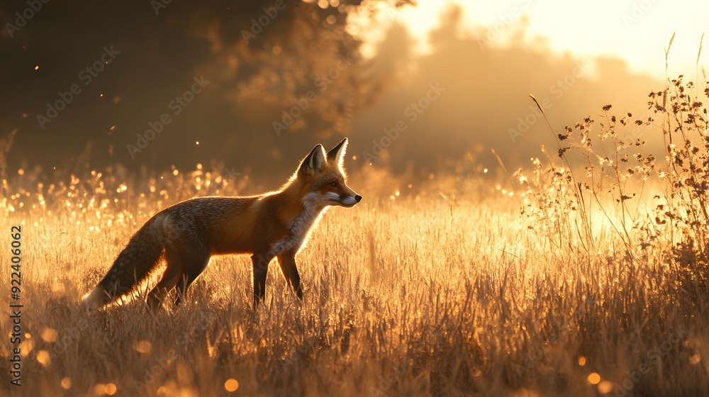 A Fox strolling through autumn fields with golden light A Fox strolling through autumn fields with golden light