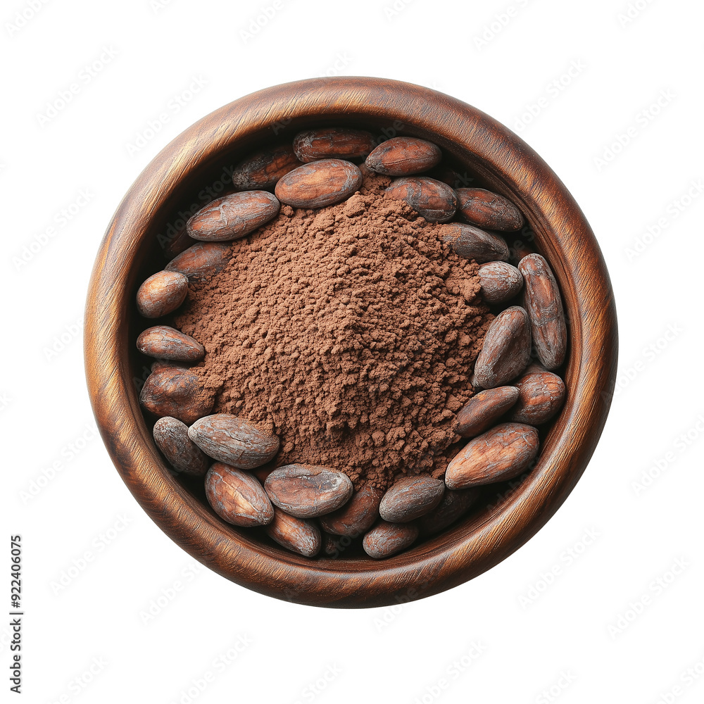 Top view of Cocoa powder in wooden bowl with cocoa beans Top view of Cocoa powder in wooden bowl with cocoa beans