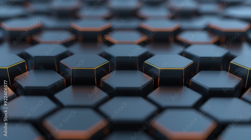 Obraz premium Futuristic Hexagonal Network, a dynamic 3D background featuring interconnected hexagons illuminated by soft glows, creating a mesmerizing digital landscape.