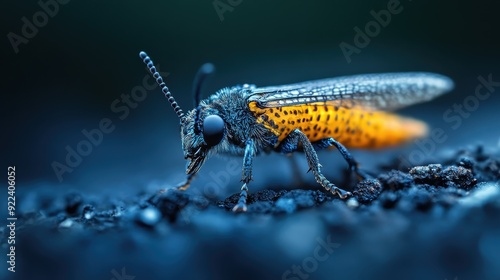 A close-up of a bioluminescent beetle on a dark, wet ground during a rainy night, emphasizing the glow of the insect in its natural habitat against dark surroundings.