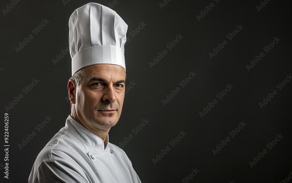 Professional Chef. Portrait male chef with cook hat, white uniform. Portrait of an old Italian or French chef, standing in the kitchen, restaurant, cooking class, cooking school. Realistic style photo Professional Chef. Portrait male chef with cook hat, white uniform. Portrait of an old Italian or French chef, standing in the kitchen, restaurant, cooking class, cooking school. Realistic style photo