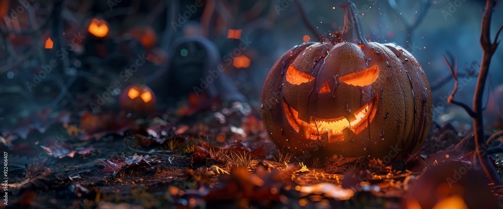 A glowing jack-o'-lantern sits on the forest floor surrounded by fallen autumn leaves, creating a magical Halloween atmosphere With copy space for text. Wide web banner. A glowing jack-o'-lantern sits on the forest floor surrounded by fallen autumn leaves, creating a magical Halloween atmosphere With copy space for text. Wide web banner.