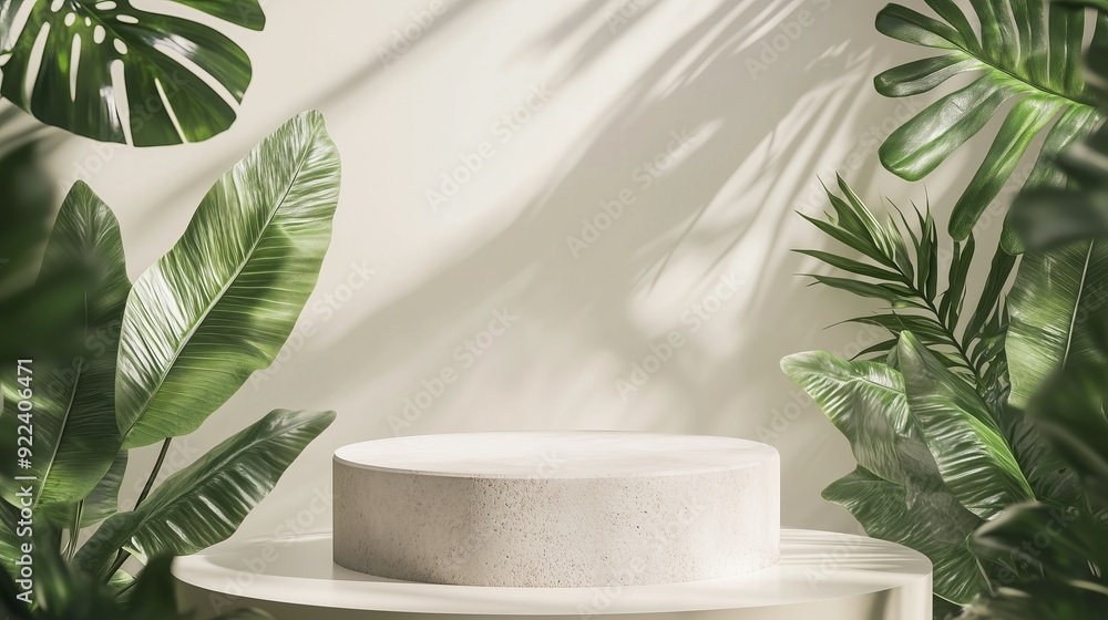 A round, white stone pedestal in the center, surrounded by lush, green tropical leaves on both sides. A round, white stone pedestal in the center, surrounded by lush, green tropical leaves on both sides.