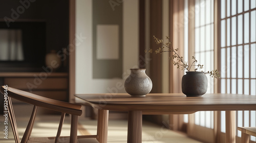 a portrait photo, focusing on living room furniture and traditional spaces in Japandi-style homes, capturing the essence of traditional architecture. Japanese and Scandinavian