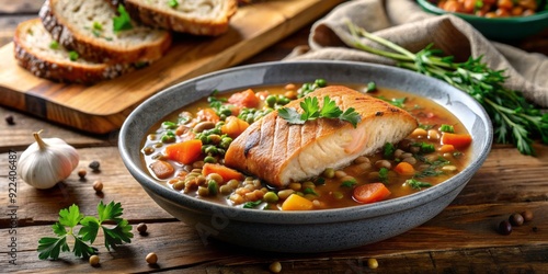 Hearty salmon and lentil stew served with a slice of crusty bread and garnished with fresh parsley, perfect for a cozy winter evening meal.