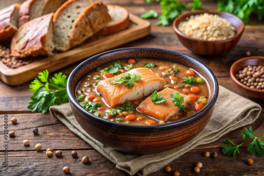 Hearty salmon and lentil stew served in a rustic ceramic bowl with a side of crusty whole grain bread and a sprinkle of fresh parsley. Hearty salmon and lentil stew served in a rustic ceramic bowl with a side of crusty whole grain bread and a sprinkle of fresh parsley.