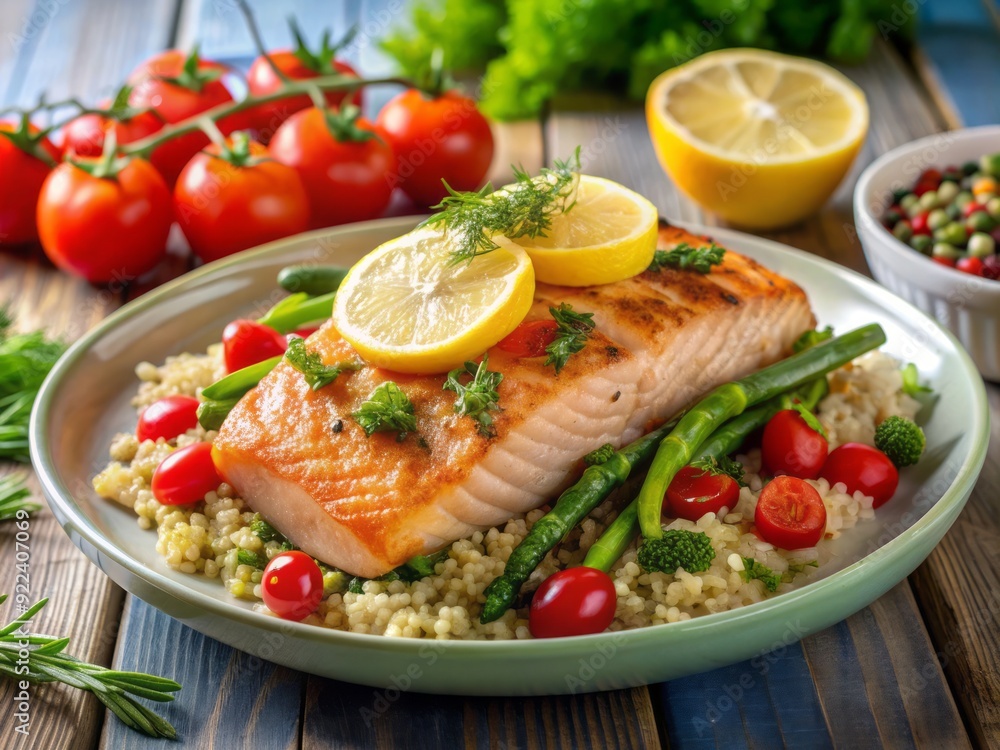 Freshly grilled salmon fillet served atop a bed of quinoa alongside roasted asparagus with lemon, dill, and capers, accompanied by cherry tomatoes and lemon wedges. Freshly grilled salmon fillet served atop a bed of quinoa alongside roasted asparagus with lemon, dill, and capers, accompanied by cherry tomatoes and lemon wedges.