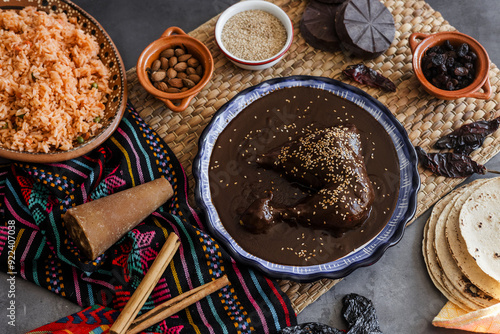 Mexican mole poblano spicy sauce with chicken mexican traditional food in Mexico Latin America	 photo