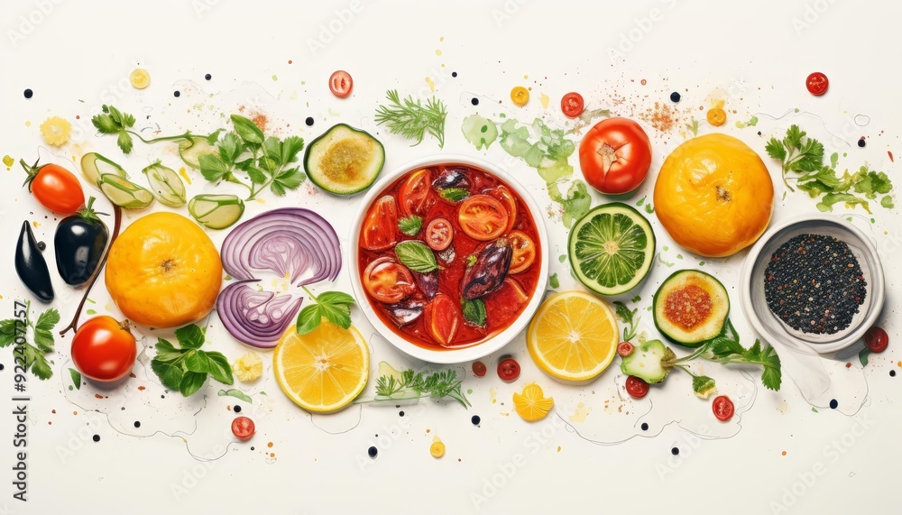 Flatlay flat design, top view, food theme, water color, Complementary Color Scheme Flatlay flat design, top view, food theme, water color, Complementary Color Scheme