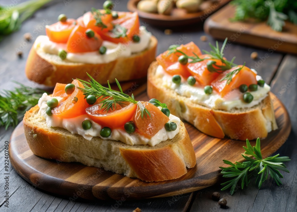 Delicate toasted baguette slices topped with creamy ricotta cheese, smoked salmon, fresh dill, and a sprinkle of capers, perfect for an elegant appetizer or party snack. Delicate toasted baguette slices topped with creamy ricotta cheese, smoked salmon, fresh dill, and a sprinkle of capers, perfect for an elegant appetizer or party snack.