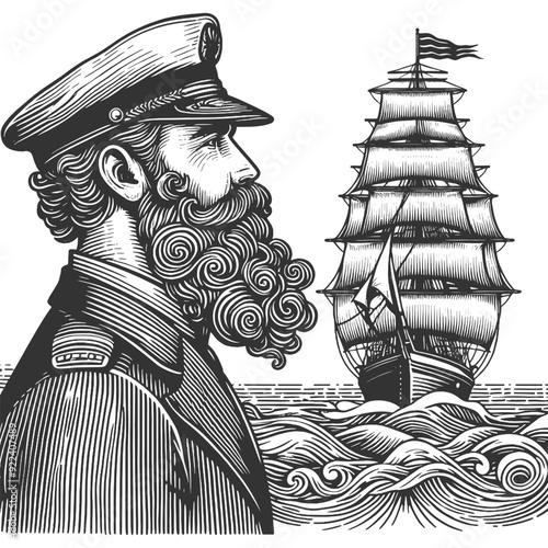 bearded captain sailor and a tall ship on the ocean, evoking maritime nostalgia sketch engraving generative ai fictional character vector illustration. Scratch board imitation. Black and white image.