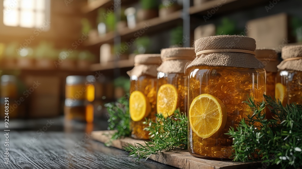 A glass jar filled with golden honey infused with fresh orange slices and rosemary sprigs on a rustic kitchen counter. Soft natural light enhances the warm tones of the homemade sweet preserve. A glass jar filled with golden honey infused with fresh orange slices and rosemary sprigs on a rustic kitchen counter. Soft natural light enhances the warm tones of the homemade sweet preserve.
