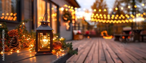 Wallpaper Mural Fall background, backyard,with wooden terrace decorated lantern, street garland, glowing light bulb, autumn decoration, bokeh.Cozy fall background. Halloween. Generative ai Torontodigital.ca