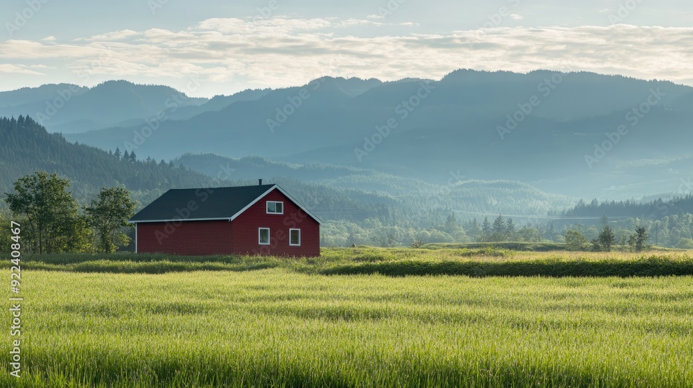A red house stands in a lush green field, with the silhouette of mountains visible in the background, enhancing the scenic beauty. A red house stands in a lush green field, with the silhouette of mountains visible in the background, enhancing the scenic beauty.