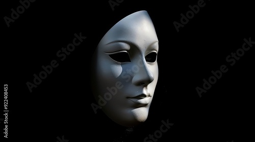 A white theatrical mask with a neutral expression against a dark background.