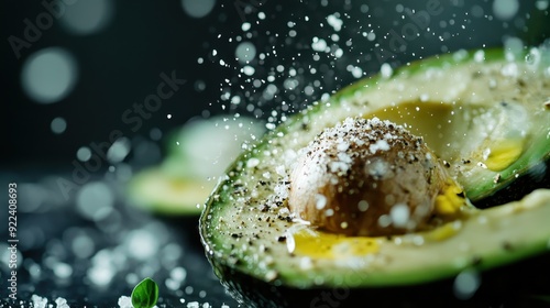 A vibrant close-up shot of a half-cut avocado sprinkled with flaky sea salt and black pepper, showcasing its creamy texture and inviting freshness. photo