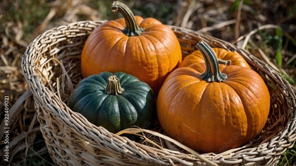 custom made wallpaper toronto digitalPumpkins in a straw basket, thanksgiving and harvest concept.