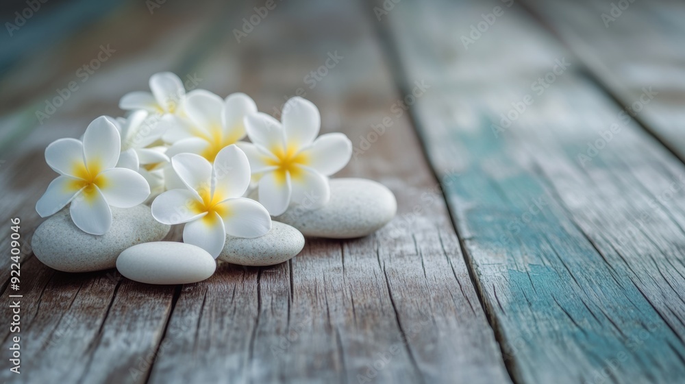 A group of white flowers and rocks on a wooden table, AI A group of white flowers and rocks on a wooden table, AI