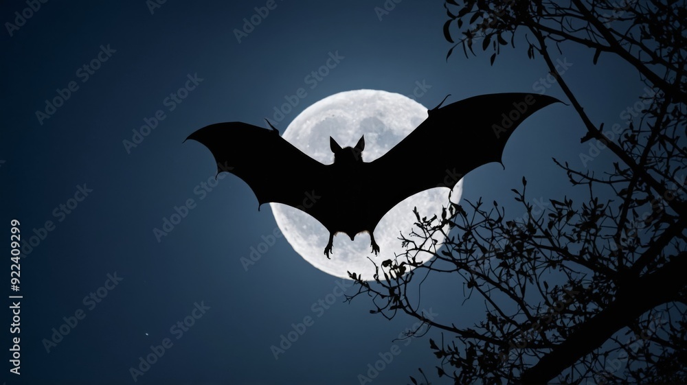 Fototapeta premium Flying bat silhouette, dark background with moon and branches, halloween concept.