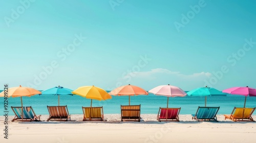 Colorful beach umbrellas and lounge chairs lined up on a sunny shore, vibrant and inviting.