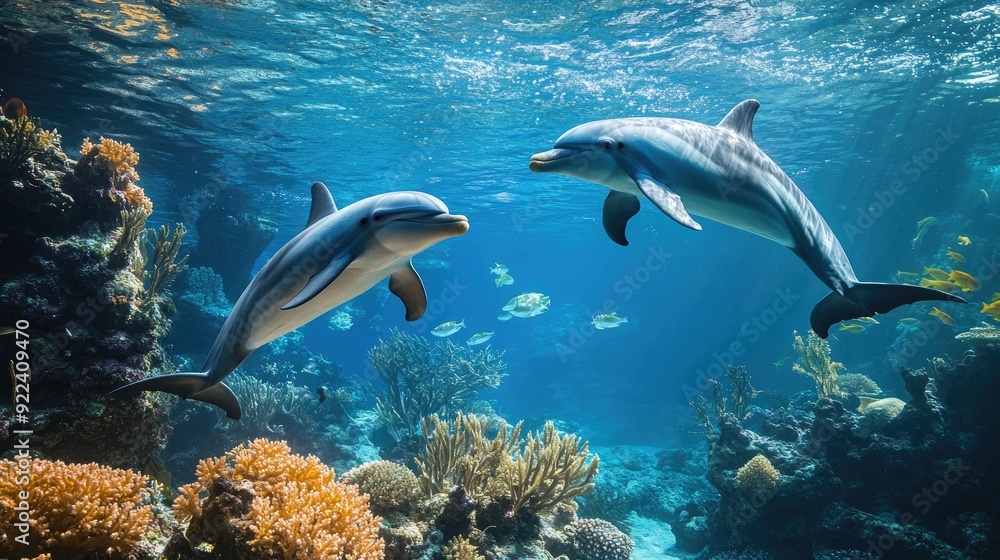 Dolphins enjoying their underwater adventure around a coral reef, with fish and sea plants adding to the vibrant marine life. Dolphins enjoying their underwater adventure around a coral reef, with fish and sea plants adding to the vibrant marine life.