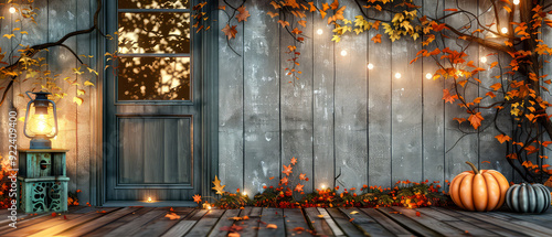 Fall background, podium, patio with wooden terrace decorated pumpkins, street garland, glowing light bulb, autumn decoration, bokeh.Cozy fall background. Halloween. Generative ai 