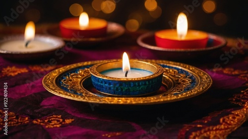 Various colorful candles on a carpet, Diwali festival, bokeh background, culture and celebration concept.