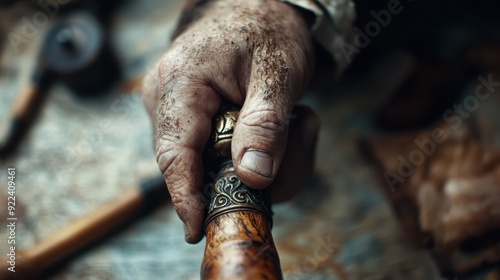 An elderly, weathered hand grips an intricately designed, handcrafted walking stick handle, showcasing artistry and craftsmanship in a detailed, realistic style.