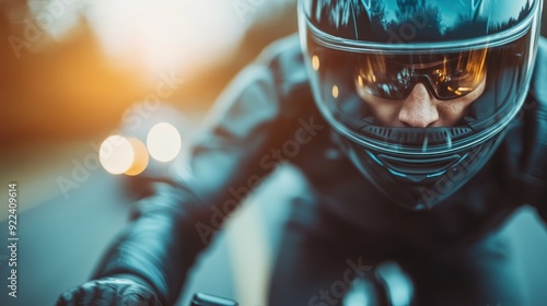 An intense scene of a motorbike rider speeding through a forest road under the golden sun, wearing full gear and embodying freedom and modern adventure. photo