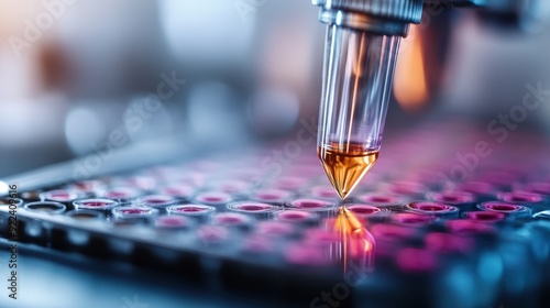 A close-up view of a laboratory pipette accurately dropping fluid into an array of test tubes, representing precision and technological advancements in science and research. photo