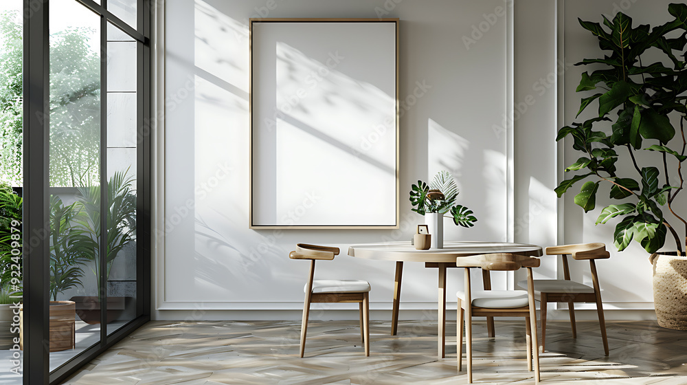 Fototapeta premium A modern dining room with a large blank canvas hanging on the wall, sunlight streaming through the windows illuminating the space.