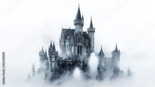 Wallpaper Mural An ancient gothic castle surrounded by dense fog, with ghostly apparitions drifting through the mist, evoking a sense of horror and mystery Torontodigital.ca