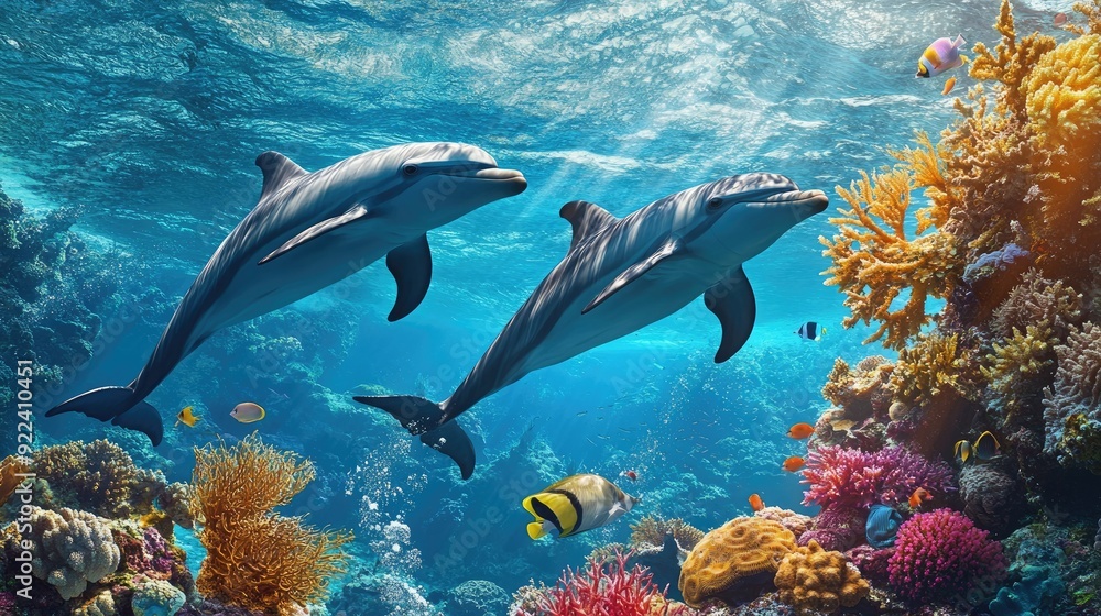Fototapeta premium Dolphins gliding through the waters near a coral reef, with vibrant fish and sea plants contributing to the rich marine life.